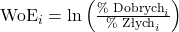 Rendered by QuickLaTeX.com \text{WoE}_i = \ln\left(\frac{\text{\% Dobrych}_i}{\text{\% Złych}_i}\right)